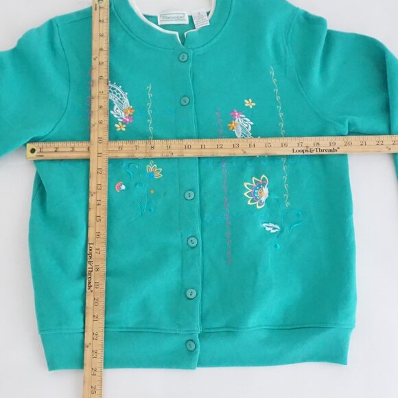 Shenanigans Teal Cotton Embroidered Cardigan Button Front Cottagecore Preppy S - Picture 3 of 11